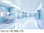 Modern hospital corridor with empty beds and medical equipment. Стоковое AI-изображение, AI-художник Иван Рябоконь / Фотобанк Лори