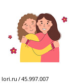 Two girls hugging in friendship bracelets vector flat illustration. International Friendship Day banner design. Happy smiling people isolated on white background. DIY wristband for friends. Стоковая иллюстрация, иллюстратор Алина Умарова / Фотобанк Лори