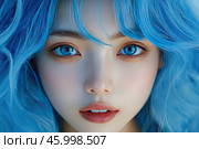 Close-up of the girl's face. She has bright blue hair and eyes that harmonize with each other. The girl's skin is flawlessly smooth and light, her makeup is minimal, emphasizing her natural beauty. Her lips have a soft pink tint, and her gaze looks expressive and deep. The light and shades make the photo artistic and eye-catching. Стоковое AI-изображение, AI-художник Анна Кривицкая / Фотобанк Лори