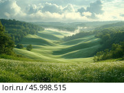 A picturesque landscape with green hills covered with thick grass. The hills create smooth, wavy lines, and groves and forests are visible in the background. In the foreground is a field of white flowers, which add lightness and freshness. In the distance, clouds stretch, hanging low over the horizon, and a light fog envelops the valleys, creating an atmosphere of morning coolness and silence. The light is soft, dissipating, indicating early morning or sunset. Стоковое AI-изображение, AI-художник Анна Кривицкая / Фотобанк Лори