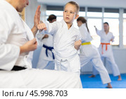 Boy is paired with man teacher to learn how to strike and rehearses blocking opponent. Стоковое фото, фотограф Яков Филимонов / Фотобанк Лори