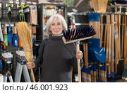 Mature woman choosing a broom. Стоковое фото, фотограф Яков Филимонов / Фотобанк Лори