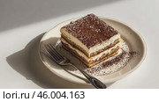 Delicious and Decadent Layered Tiramisu Beautifully Presented on a Plate for Everyone to Enjoy. A beautifully presented slice of tiramisu, perfect for dessert lovers and is ideal for food magazine. Стоковое AI-видео, аниматор Марина Демидюк / Фотобанк Лори