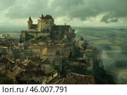 Beynac et cazenac dominating the dordogne valley under cloudy sky. Стоковое AI-изображение, AI-художник Иван Рябоконь / Фотобанк Лори