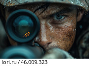 Close-up of a soldier's face looking through the scope of a rifle. The face is covered in dirt, water, or sweat, highlighting the tension of the moment. The eyes are focused and determined, aimed at the target. Part of the helmet or protective headgear is visible. The atmosphere of the shot conveys tension and concentration, creating the impression of a harsh environment, such as a battlefield or military exercise. Стоковое AI-изображение, AI-художник Анна Кривицкая / Фотобанк Лори