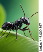 Macro photography insect black ant on leaf close up. Стоковое AI-изображение, AI-художник Наталья Симакова / Фотобанк Лори