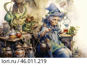 An old woman, reminiscent of a sorceress or a witch, sitting surrounded by magical creatures and antique utensils. She is dressed in a blue dress and a large shabby witch's cap. Her face reflects wisdom and light irony. Next to her on the table and around there are green fairy-tale creatures, similar to frogs or small dragons, which interact with the environment. There are many details around: antique jars, teapots, flasks and bottles covered with cobwebs and moss. The atmosphere of coziness is mixed with a mystical and magical aura. Стоковое AI-изображение, AI-художник Анна Кривицкая / Фотобанк Лори