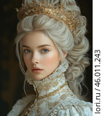 An elegant young woman in a royal image. She is dressed in a luxurious light-colored dress with gold embroidery and lace. On her head she has an elegant gold crown decorated with precious stones. Her light hair is styled in a complex hairstyle, and her gaze is soft and noble. The background is darkened, which emphasizes the attention to the details of the image, creating an atmosphere of grandeur and aristocracy. Стоковое AI-изображение, AI-художник Анна Кривицкая / Фотобанк Лори