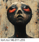 A surreal and emotional painting. The figure has a large, elongated face with huge, expressive red eyes, creating an effect of anxiety or sadness. The facial features are unnaturally distorted, the skin appears textured, reminiscent of dirt or hardened paint, and the background is done in rough brushstrokes using beige and black tones. The painting evokes a sense of tension and mystery, perhaps representing inner emotions or existential dread. Стоковое AI-изображение, AI-художник Анна Кривицкая / Фотобанк Лори