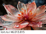 Beautiful glass flower blooming with water droplets on petals and stamens. Стоковое AI-изображение, AI-художник Иван Рябоконь / Фотобанк Лори