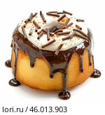 Delicious donut cake covered in drizzling chocolate icing on white background. Стоковое AI-изображение, AI-художник Иван Рябоконь / Фотобанк Лори