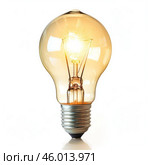 Classic tungsten light bulb shining brightly on white background. Стоковое AI-изображение, AI-художник Иван Рябоконь / Фотобанк Лори