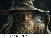 Powerful wizard holding wooden staff and wearing leather hat. Стоковое AI-изображение, AI-художник Иван Рябоконь / Фотобанк Лори
