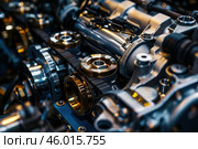 Close up view of brand new v8 engine working. Стоковое AI-изображение, AI-художник Иван Рябоконь / Фотобанк Лори