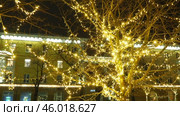 Petrozavodsk, Karelia, Russia, January 14, 2025: Karl Marx Avenue, center. Winter garlands and Christmas decorations, festive decor. Cozy spaces and magical atmosphere during the holiday season. Редакционное видео, видеограф Юлия Петровская / Фотобанк Лори