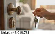 House Keys. Keys from new house and blurred cardboard boxes during relocation. Open entrance door, house shaped keychain. Keyring in the lock of door. Real estate, agent, insurance, property concept. Стоковое AI-видео, аниматор Марина Демидюк / Фотобанк Лори
