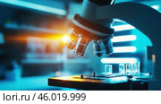 modern microscope in laboratory close-up. Стоковое AI-изображение, AI-художник Александр Довянский / Фотобанк Лори