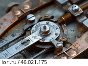 Close up of intricate mechanical device showing gears and levers. Стоковое AI-изображение, AI-художник Иван Рябоконь / Фотобанк Лори