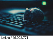Черная мышь исследует клавиатуру в полумраке ночью. Стоковое AI-изображение, AI-художник Сергей Никифоров-Гордеев / Фотобанк Лори
