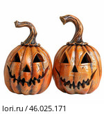 Two scary carved pumpkins grinning on a white background. Стоковое AI-изображение, AI-художник Иван Рябоконь / Фотобанк Лори