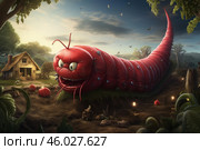 Giant red caterpillar invading a farm at sunset, surreal digital illustration. Стоковое AI-изображение, AI-художник Иван Рябоконь / Фотобанк Лори