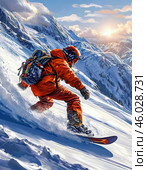 Snowboarding is a winter sport that involves sliding down snowy mountain slopes or performing acrobatic tricks on a specially designed board. Стоковое AI-изображение, AI-художник Сергей Елизарьев / Фотобанк Лори