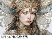 A young woman in a luxurious headdress decorated with precious stones, gold patterns and complex ornaments. Her image resembles a fairy-tale queen or princess from ancient times. The girl's facial features are gentle and refined, her gaze is soulful, slightly thoughtful. The ornaments of her clothes and jewelry are detailed and skillfully executed, emphasizing wealth and grace. The background is made in light colors, complementing the composition with sophistication and lightness. Стоковое AI-изображение, AI-художник Анна Кривицкая / Фотобанк Лори