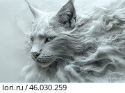 Portrait of a white animal resembling a cat or lynx, with long and soft fur that flows smoothly into wavy shapes. The fur looks like air currents, creating an effect of movement and lightness. The animal's face is detailed, with pronounced eyes and clear features. The overall composition is done in cool shades of gray and white, conveying an atmosphere of calm, purity and magical mystery. Стоковое AI-изображение, AI-художник Анна Кривицкая / Фотобанк Лори