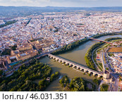 Aerial view of Cordoba with Roman Bridge and Mosque-Cathedral. Стоковое фото, фотограф Яков Филимонов / Фотобанк Лори