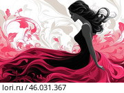Stylized woman in profile. She is wearing an elegant black dress with a lush hem that smoothly turns into decorative waves of pink and red colors. The background is decorated with a floral pattern with curls, which creates a feeling of lightness and grace. The woman's hair flutters, adding dynamics to the composition. Стоковое AI-изображение, AI-художник Анна Кривицкая / Фотобанк Лори