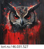 A vivid artistic portrait of an owl in an expressionist style. The owl's eyes are bright red, they attract attention with their intensity and mysticism. The owl looks straight ahead, creating a sense of strength and mystery. The background is made in dark black and red tones, with elements of drops and splashes of paint, which adds dynamics and drama to the work. The painting is made in an abstract-grotesque manner using strong contrasts. Стоковое AI-изображение, AI-художник Анна Кривицкая / Фотобанк Лори