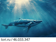 Humpback whale swimming in sunlit ocean depths, majestic marine wildlife. Стоковое AI-изображение, AI-художник Иван Рябоконь / Фотобанк Лори