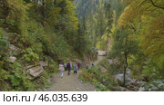 People are hiking along a route along a mountain river in the Caucasus. Люди гуляют по пешему туристическому маршруту вдоль горной реки на Кавказе. Активный отдых на природе. Редакционное видео, видеограф Валерий Тесаков / Фотобанк Лори