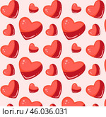 Бесшовный узор с красными сердечками на светло-розовом фоне. Seamless pattern with red hearts on light pink background. Fabric design texture. Стоковая иллюстрация, иллюстратор Ирина Щербакова / Фотобанк Лори