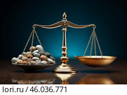 Golden scale balancing stones and empty pan on dark background. Стоковое AI-изображение, AI-художник Иван Рябоконь / Фотобанк Лори