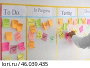 Man with sticker near scrum task board in office. Стоковое фото, фотограф Pixel_shot / Фотобанк Лори