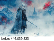 A mysterious warrior, clad in heavy armor and a long cloak, stands in the middle of a snowy and foggy landscape. He holds a sword in one hand, as if preparing for battle or contemplating his path. In the distance, a majestic castle with tall spires appears through the thick fog, creating a sense of a fateful mission. The surrounding scene is done in cool shades of blue, white and gray, with dramatic splashes of red, adding tension and mystery to the picture. Стоковое AI-изображение, AI-художник Анна Кривицкая / Фотобанк Лори