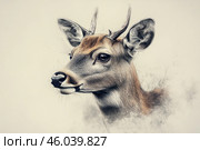 Artistic depiction of a young deer. The work is done in the style of a fine graphic drawing with elements of realism. The eyes, nose and texture of the fur are drawn in detail, which creates the impression of a living creature. The background is minimalistic, slightly blurred, which emphasizes the graceful outlines of the animal. Particular attention is paid to the light and shadow rendering of the form, which makes the image three-dimensional and alive. Стоковое AI-изображение, AI-художник Анна Кривицкая / Фотобанк Лори