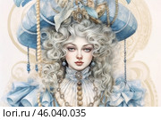 An elegant aristocratic lady in a rococo style outfit. She has fair skin, expressive blue eyes and delicate features. Her hair is styled in luxurious lush curls, decorated with pearls and ribbons. On her head is a majestic hat, decorated with feathers, lace and cameos. The lady's clothes are made in soft blue and white shades, with rich decor in the form of beads, bows and flounces. The details of the image are exquisite and carefully worked out, creating an atmosphere of palace luxury and aristocratic splendor. Стоковое AI-изображение, AI-художник Анна Кривицкая / Фотобанк Лори