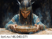 A woman in traditional dress, reminiscent of the clothing of a shaman or spiritual priestess of the indigenous people. She sits in front of a wooden bowl from which mysterious smoke rises. The woman is dressed in clothes made of natural fabrics, decorated with beads and feathers, and her hair is braided with elements of traditional jewelry. Her gaze is focused on the bowl, as if she is conducting a ritual or prayer. The background is dark, which emphasizes the mystical atmosphere of the scene. Стоковое AI-изображение, AI-художник Анна Кривицкая / Фотобанк Лори