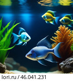 A green beautiful planted tropical freshwater aquarium with fishes.Freshwater aquarium fish, The Sail-fin molly, (Poecilia velifera ), gold, white, silver and dalmatin mutation. Стоковое AI-изображение, AI-художник Александра Рублева / Фотобанк Лори