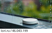Smart home sensor detecting rainfall on window glass with nature background. Стоковое AI-видео, аниматор Zakharova Natasha / Фотобанк Лори