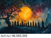 A mystical watercolor illustration depicting a mysterious ritual under a huge shining moon or sun. A group of figures in long dark cloaks stand in a semicircle, as if performing a rite or sacrament. Their silhouettes are shrouded in shadow, creating a sense of mystery and ancient magic.The scene unfolds in a fantastical landscape with crooked trees, misty distances and rocky peaks. The sky is painted in deep blue, purple and gold shades, which gives the work a dramatic and mystical aura. The orange-yellow sphere in the background resembles either a giant moon or a magical luminary illuminating this mysterious ritual. Стоковое AI-изображение, AI-художник Анна Кривицкая / Фотобанк Лори