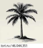Black and white graphic illustration of a palm tree. The tree is depicted with detailed lines, creating a textured effect of the foliage and trunk. The palm tree stands on a small plot of land with insignificant vegetation at the roots. The background is minimalistic, without additional elements, which emphasizes the main theme of the image. This can be an artistic drawing in the style of an engraving or ink sketch. Стоковое AI-изображение, AI-художник Анна Кривицкая / Фотобанк Лори
