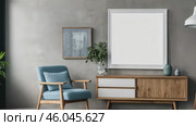 Frame mock-up. Poster mockup. Latest Trends in Modern Living Room. Minimalist Bohemian Furniture styles. Stylish home minimal design with a wooden cabinet, cozy blue chair. Boho interior, rustic decor. Стоковое AI-видео, аниматор Марина Демидюк / Фотобанк Лори