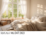 Sunlight illuminating cozy bedroom with unmade bed and window view. Стоковое AI-изображение, AI-художник Иван Рябоконь / Фотобанк Лори