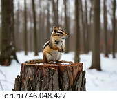 Бурундук синит на пне. Стоковое AI-изображение, AI-художник Руслан Лесков / Фотобанк Лори