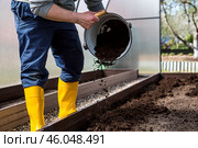 A male farmer pours new soil, soil for a new greenhouse. The concept of spring vegetable planting, greenhouse installation and farming. Стоковое фото, фотограф Photojuli / Фотобанк Лори