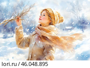 Молодая жизнерадостная девушка с веточками вербы, весна, акварель. Стоковое AI-изображение, AI-художник Щеголева Ольга / Фотобанк Лори