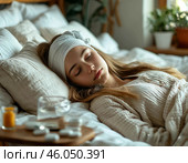 Девушка, больная гриппом, лежит в постели. Стоковое AI-изображение, AI-художник Руслан Лесков / Фотобанк Лори